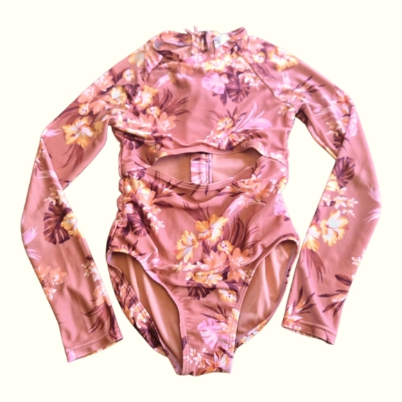 Girl's Art Class Pink Orange Floral Long Sleeve One Piece Swimsuit Size Medium 8 - Picture 1 of 5